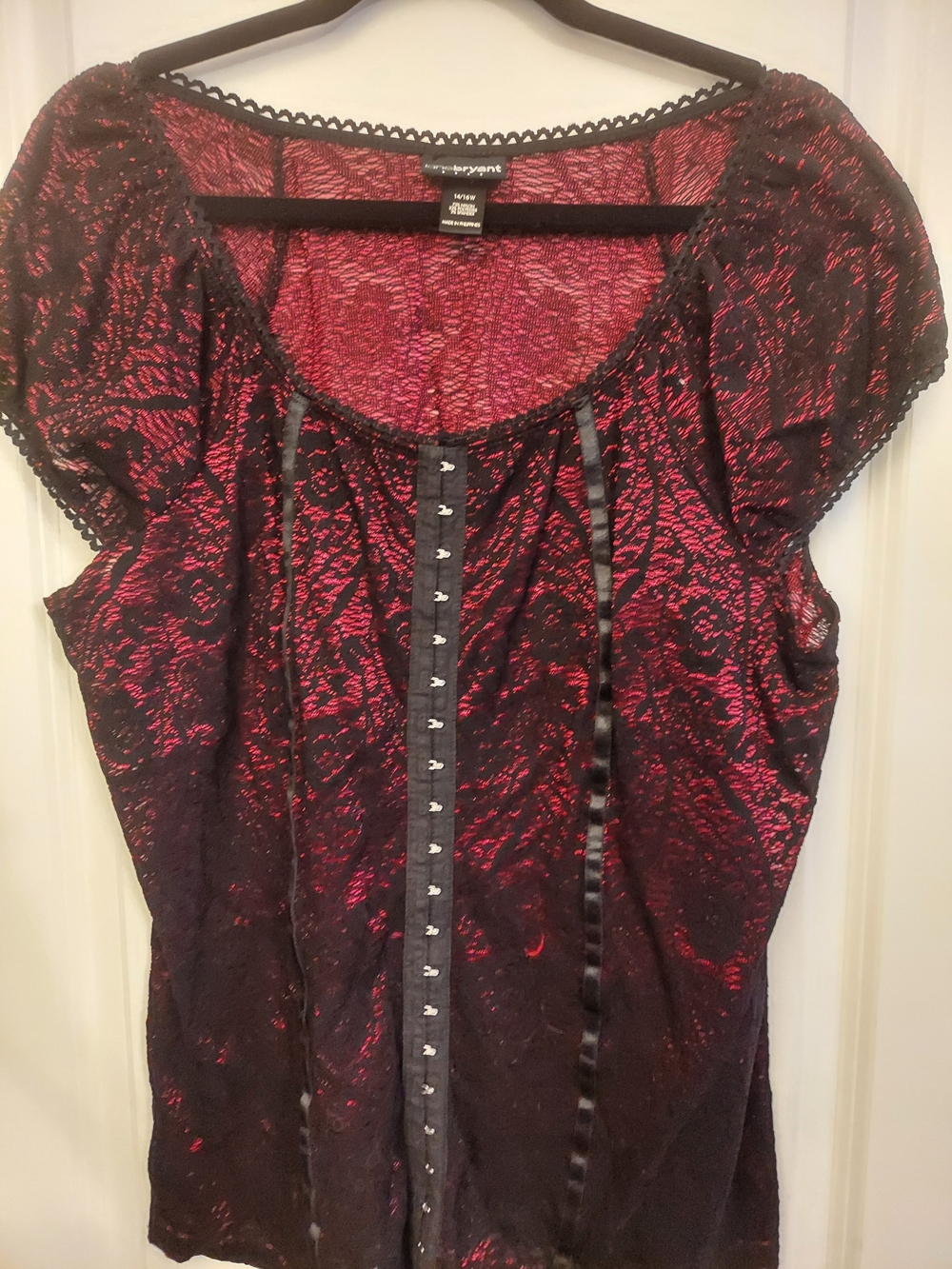 Lane Bryant Black Lace Overlay Top with Red Underlay and Hook-Front Detail 14/16